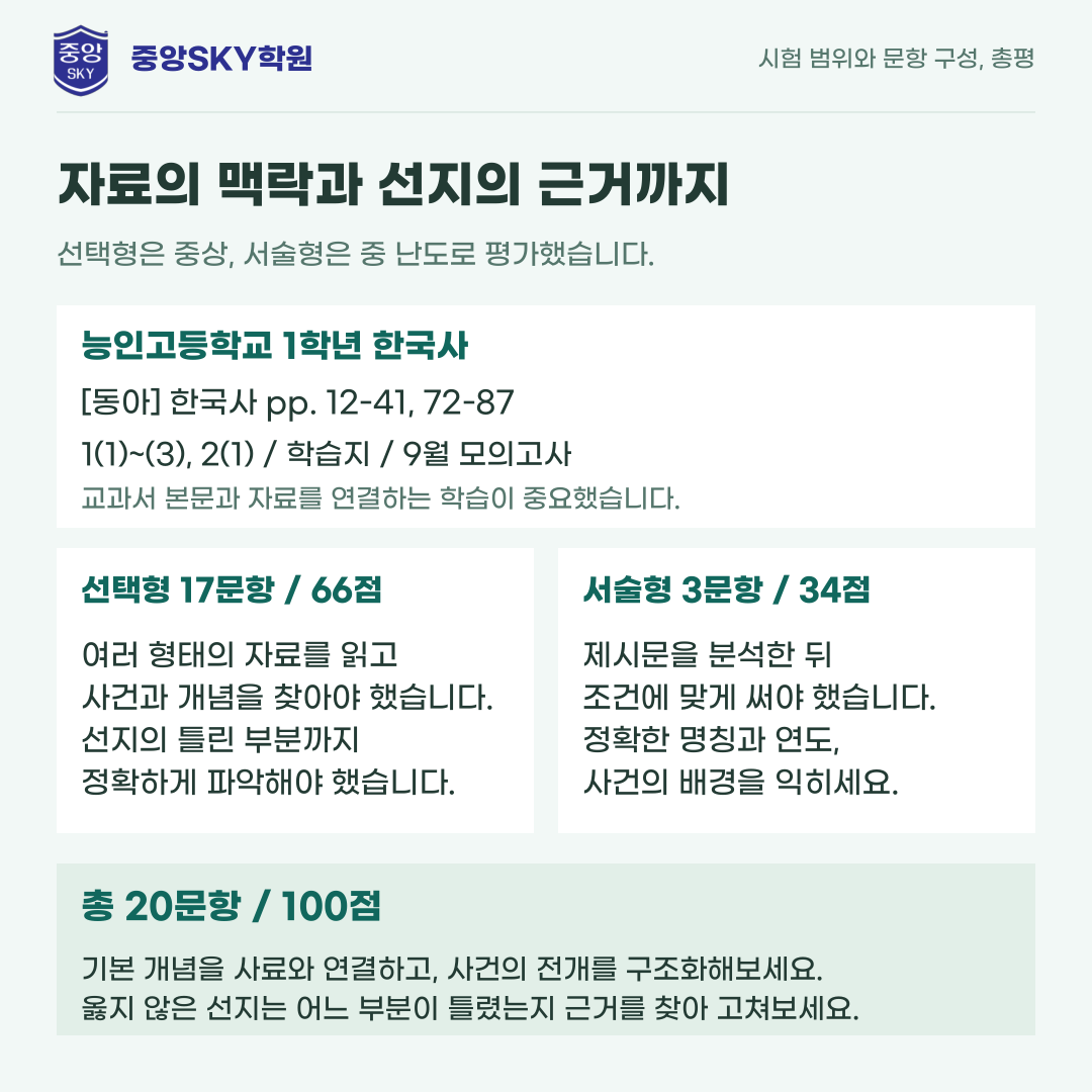 능인고 한국사 2026년 1학년 2학기 중간고사 내신 분석