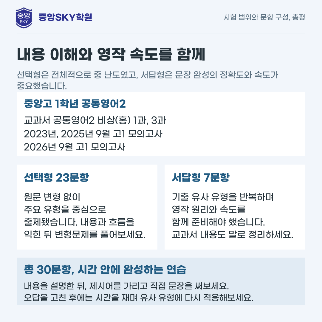 중앙고 공통영어2 2026년 1학년 2학기 중간고사 내신 분석