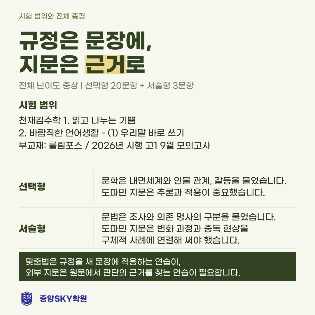 능인고 국어 2026년 1학년 2학기 중간고사 내신 분석